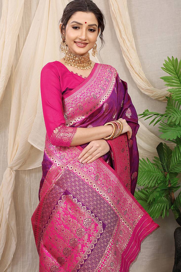 Purple banarasi silk blend saree with rich zari woven border