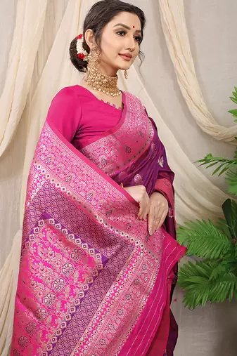 Purple banarasi silk blend saree with rich zari woven border