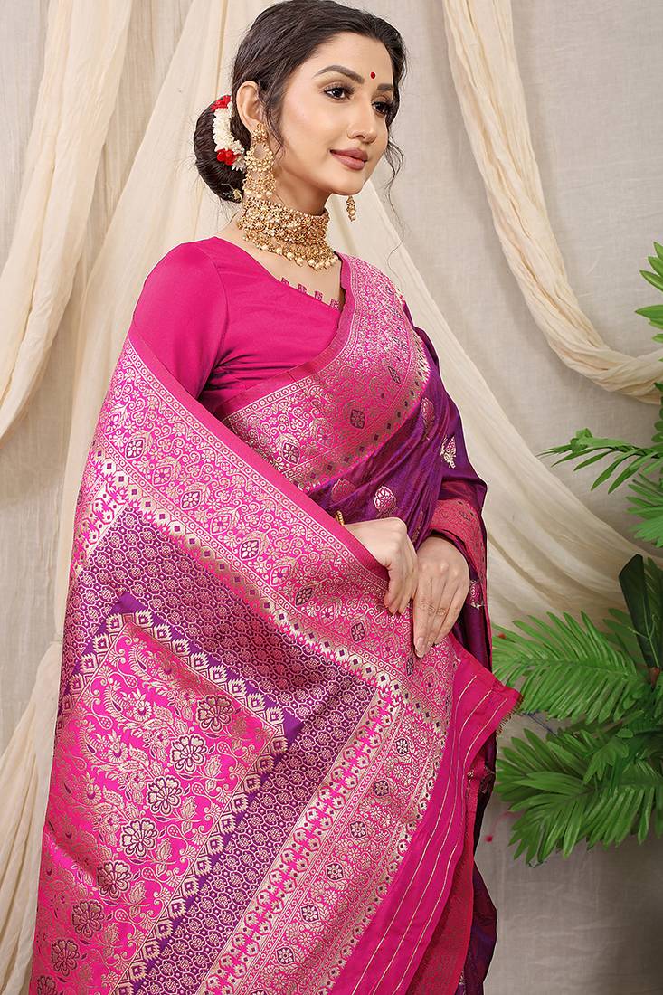 Purple banarasi silk blend saree with rich zari woven border