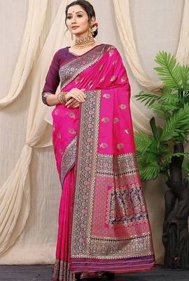 Rani pink banarasi silk blend saree with rich zari woven border 1