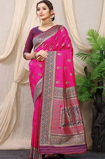 Rani pink banarasi silk blend saree with rich zari woven border