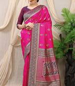 Rani pink banarasi silk blend saree with rich zari woven border