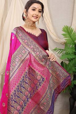 Rani pink banarasi silk blend saree with rich zari woven border 3