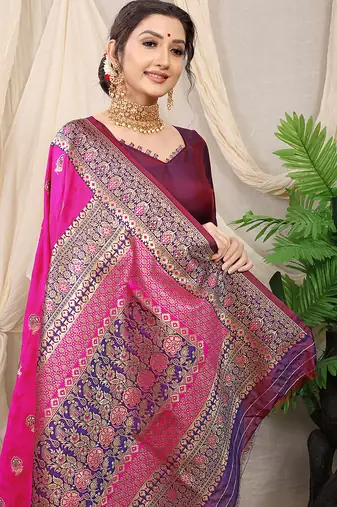 Rani pink banarasi silk blend saree with rich zari woven border