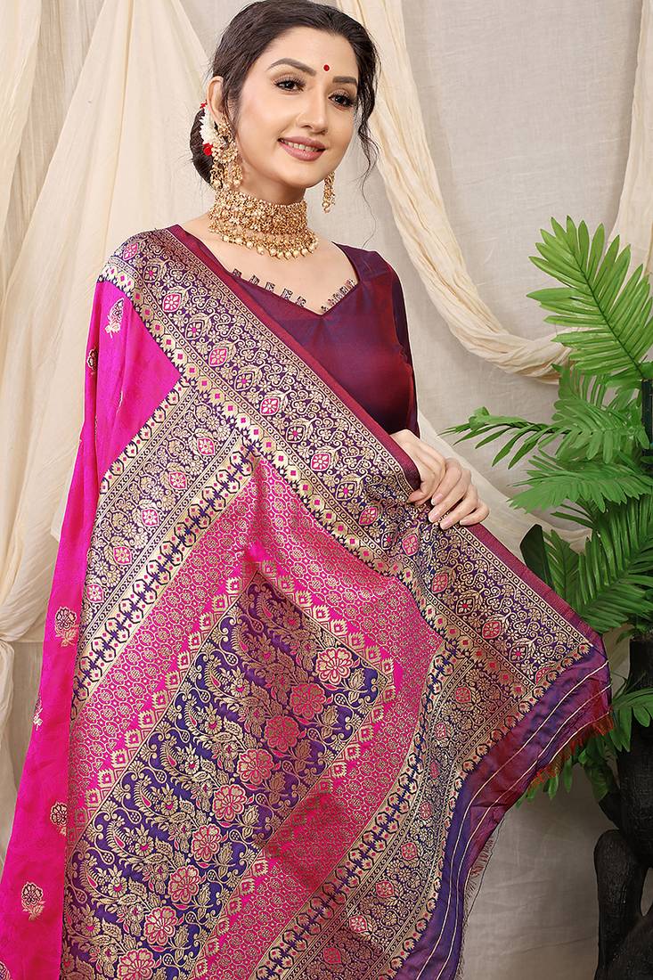 Rani pink banarasi silk blend saree with rich zari woven border