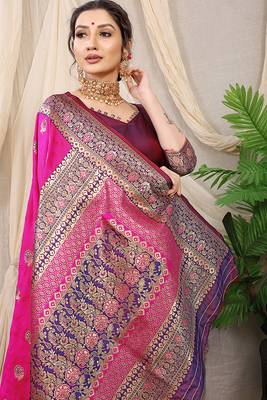 Rani pink banarasi silk blend saree with rich zari woven border 4