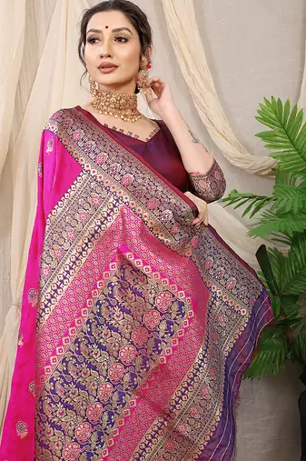 Rani pink banarasi silk blend saree with rich zari woven border