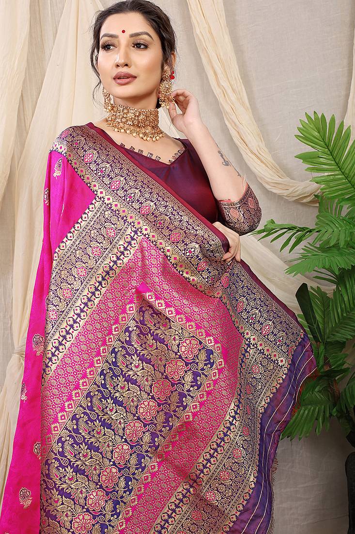 Rani pink banarasi silk blend saree with rich zari woven border