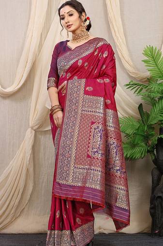Maroon banarasi silk blend saree with rich zari woven border