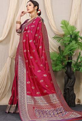 Maroon banarasi silk blend saree with rich zari woven border 2