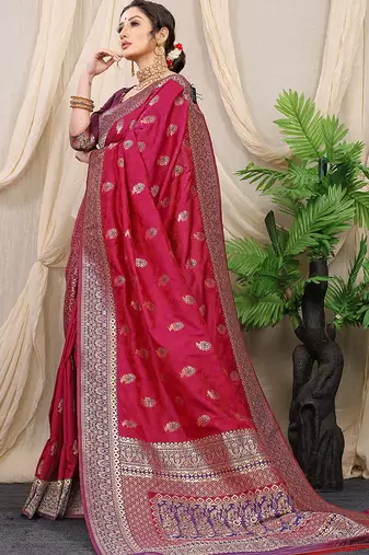 Maroon banarasi silk blend saree with rich zari woven border