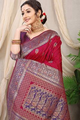 Maroon banarasi silk blend saree with rich zari woven border 3