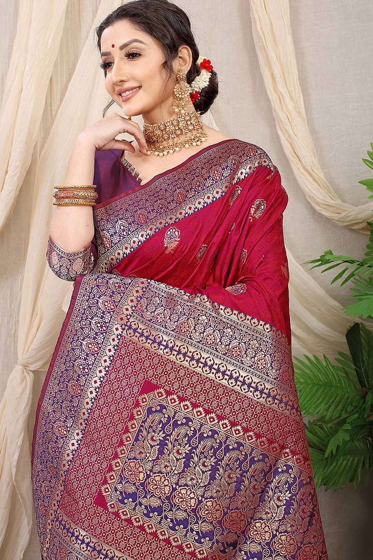 Maroon banarasi silk blend saree with rich zari woven border