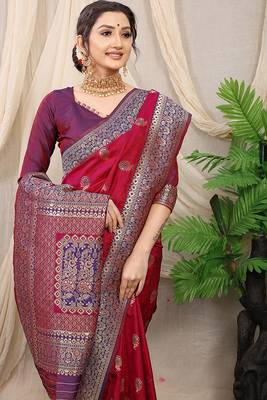 Maroon banarasi silk blend saree with rich zari woven border 4