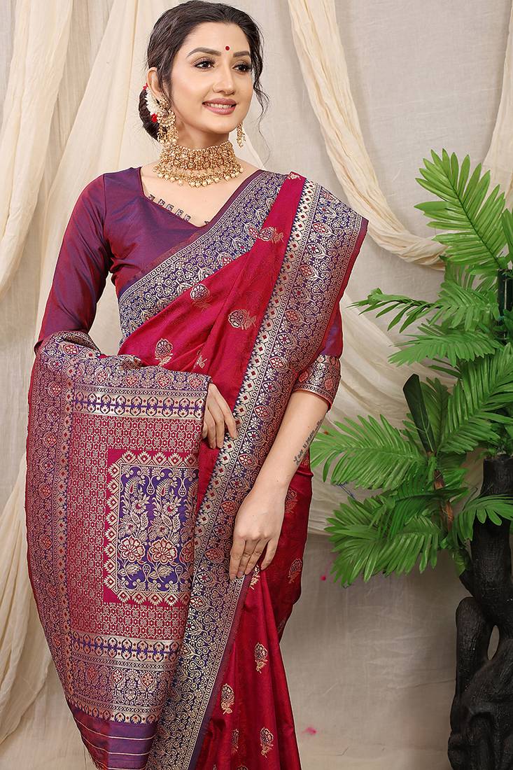 Maroon banarasi silk blend saree with rich zari woven border