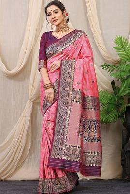 Baby pink banarasi silk blend saree with rich zari woven border 1