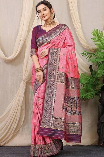 Baby pink banarasi silk blend saree with rich zari woven border