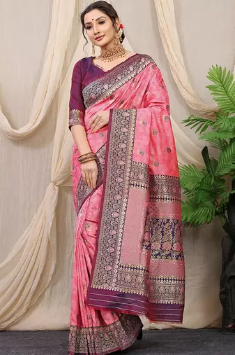 Baby pink banarasi silk blend saree with rich zari woven border