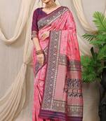 Baby pink banarasi silk blend saree with rich zari woven border