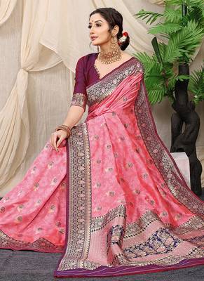 Baby pink banarasi silk blend saree with rich zari woven border 2