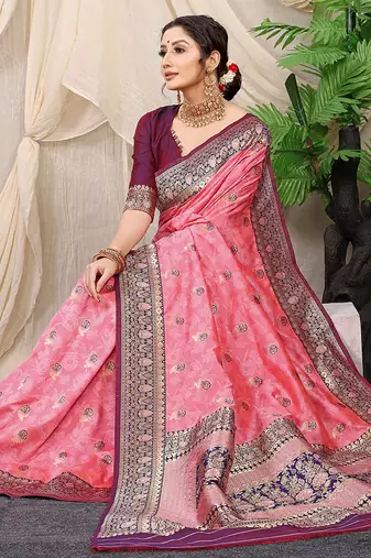 Baby pink banarasi silk blend saree with rich zari woven border