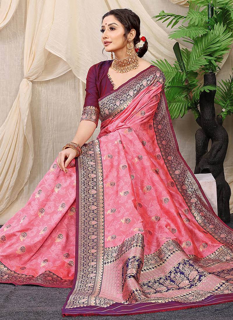 Baby pink banarasi silk blend saree with rich zari woven border