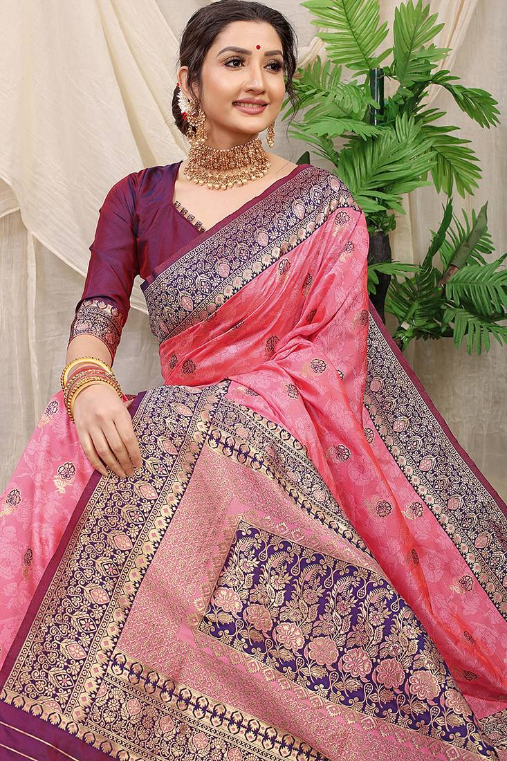 Baby pink banarasi silk blend saree with rich zari woven border