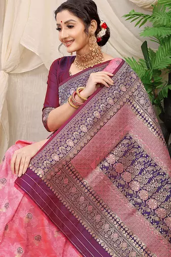 Baby pink banarasi silk blend saree with rich zari woven border