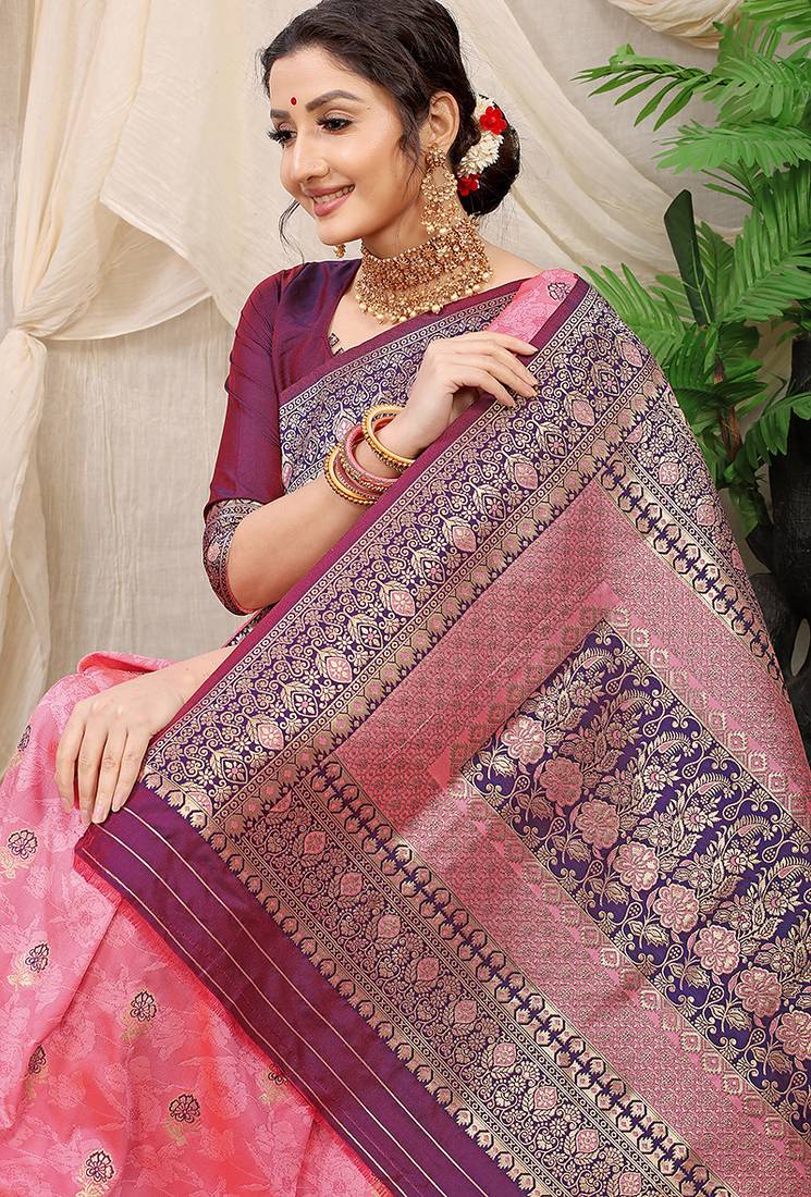 Baby pink banarasi silk blend saree with rich zari woven border
