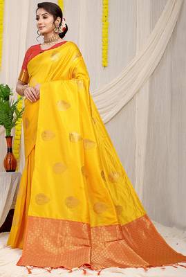 Yellow banarasi silk blend saree with zari buttas & green zari border 1
