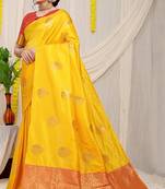 Yellow banarasi silk blend saree with zari buttas & green zari border