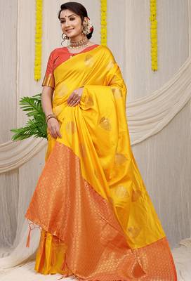 Yellow banarasi silk blend saree with zari buttas & green zari border 2