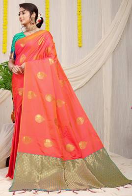 Peach banarasi silk blend saree with zari buttas & green zari border 1