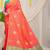 Peach banarasi silk blend saree with zari buttas & green zari border