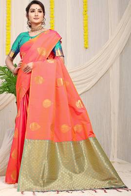 Peach banarasi silk blend saree with zari buttas & green zari border 2