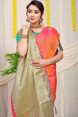 Peach banarasi silk blend saree with zari buttas & green zari border 3
