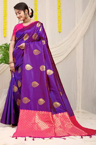 Purple banarasi silk blend saree with zari buttas & green zari border