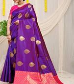 Purple banarasi silk blend saree with zari buttas & green zari border
