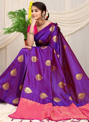 Purple banarasi silk blend saree with zari buttas & green zari border 2