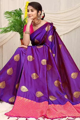 Purple banarasi silk blend saree with zari buttas & green zari border