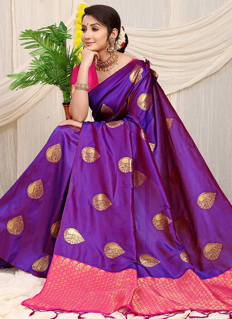 Purple banarasi silk blend saree with zari buttas & green zari border