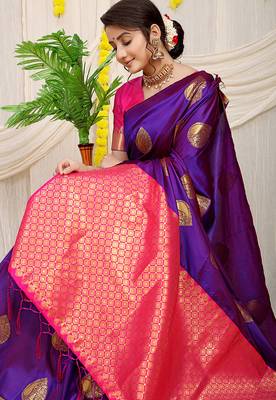 Purple banarasi silk blend saree with zari buttas & green zari border 3