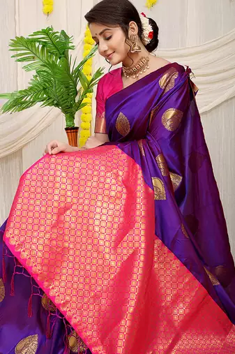 Purple banarasi silk blend saree with zari buttas & green zari border