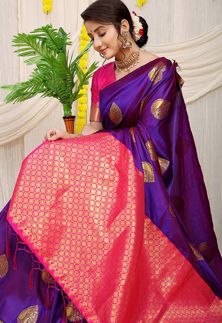 Purple banarasi silk blend saree with zari buttas & green zari border