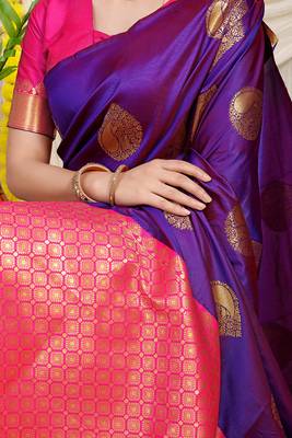 Purple banarasi silk blend saree with zari buttas & green zari border 4