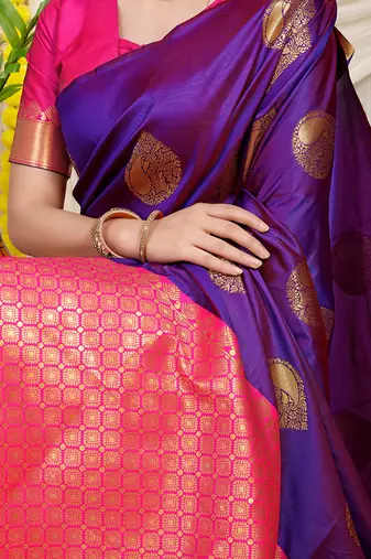 Purple banarasi silk blend saree with zari buttas & green zari border