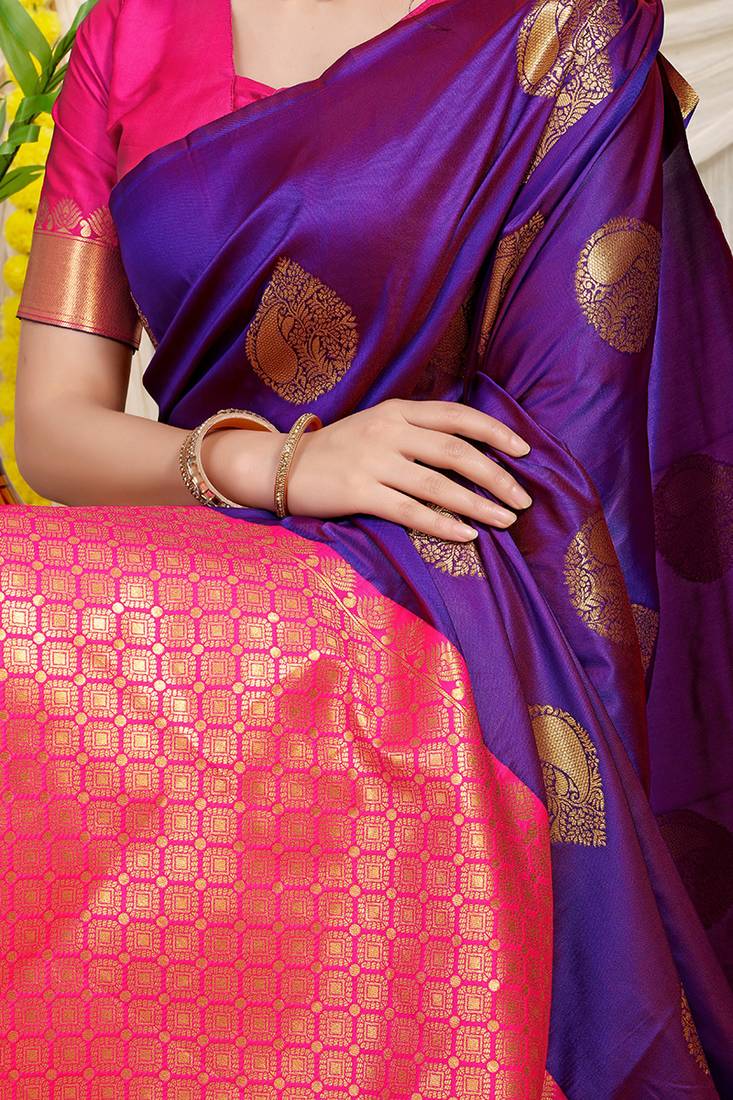 Purple banarasi silk blend saree with zari buttas & green zari border