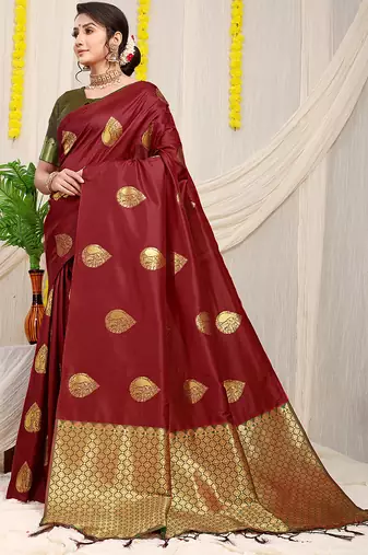 Maroon banarasi silk blend saree with zari buttas & green zari border