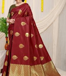 Maroon banarasi silk blend saree with zari buttas & green zari border