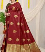 Maroon banarasi silk blend saree with zari buttas & green zari border